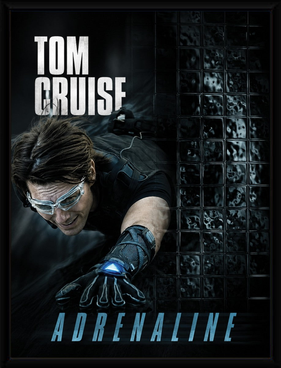 The Tom Cruise: Adrenaline Poster displayed elegantly in a sleek black frame.