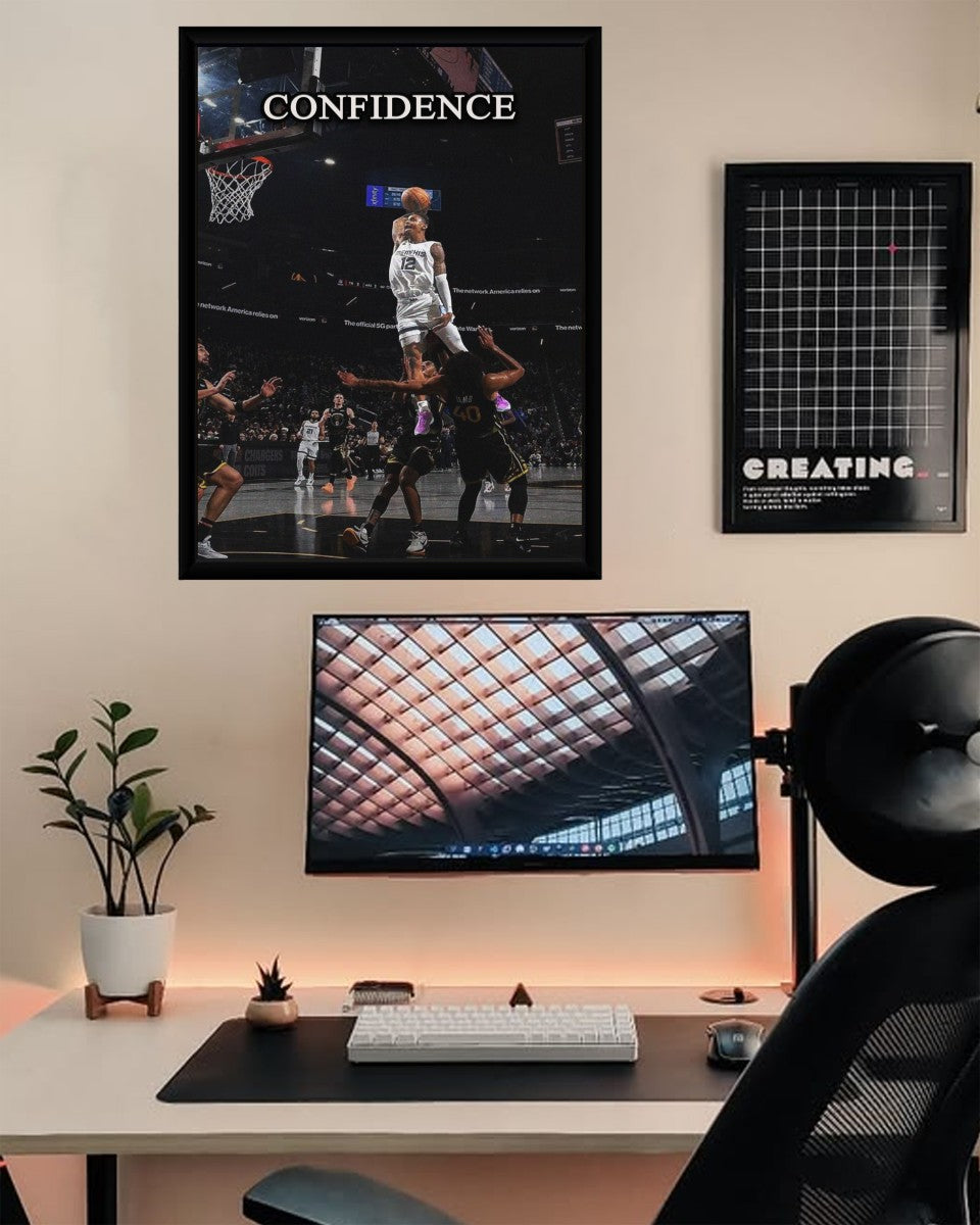 Ja Morant Dunk Poster showcased in a creatively designed space, capturing a vibrant sports atmosphere.