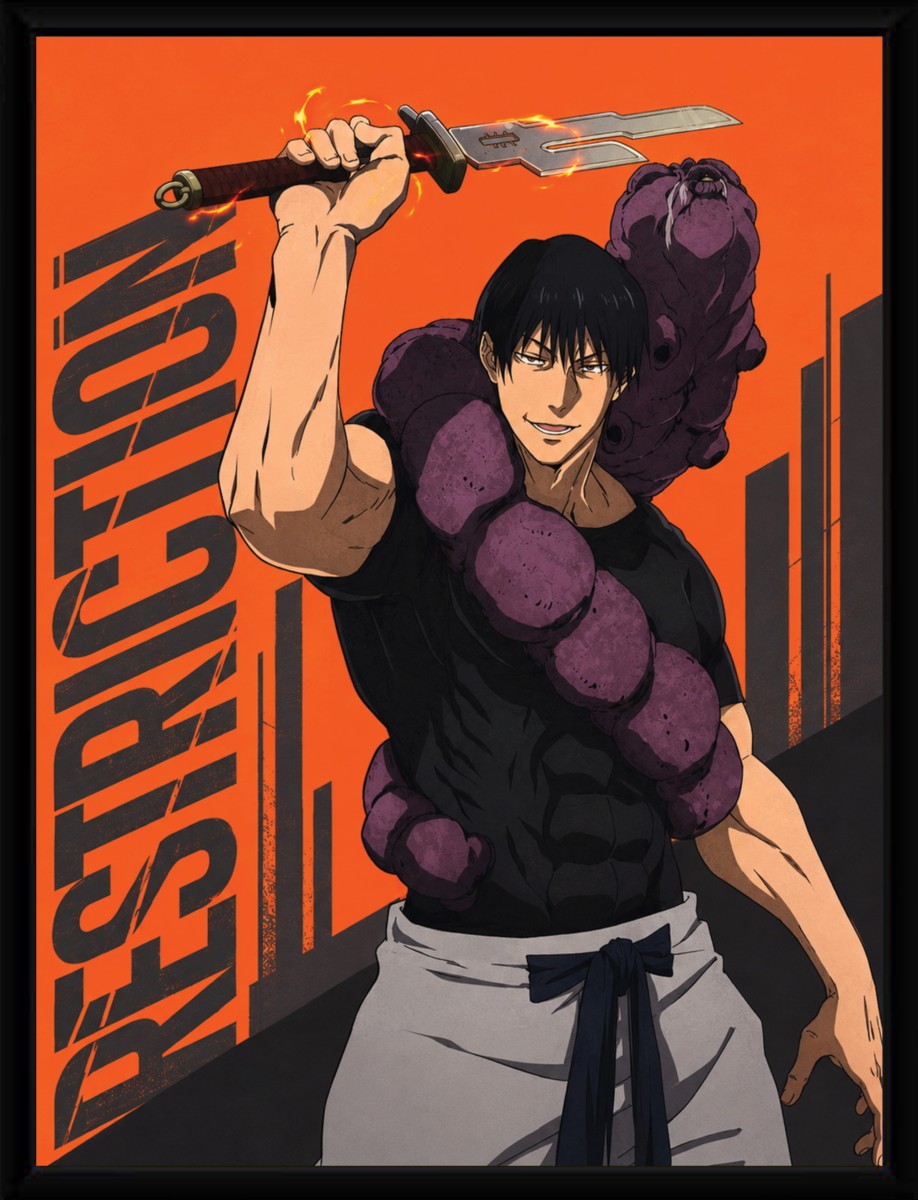 Toji Fushiguro poster displayed in a sleek black frame, showcasing its vibrant colors.