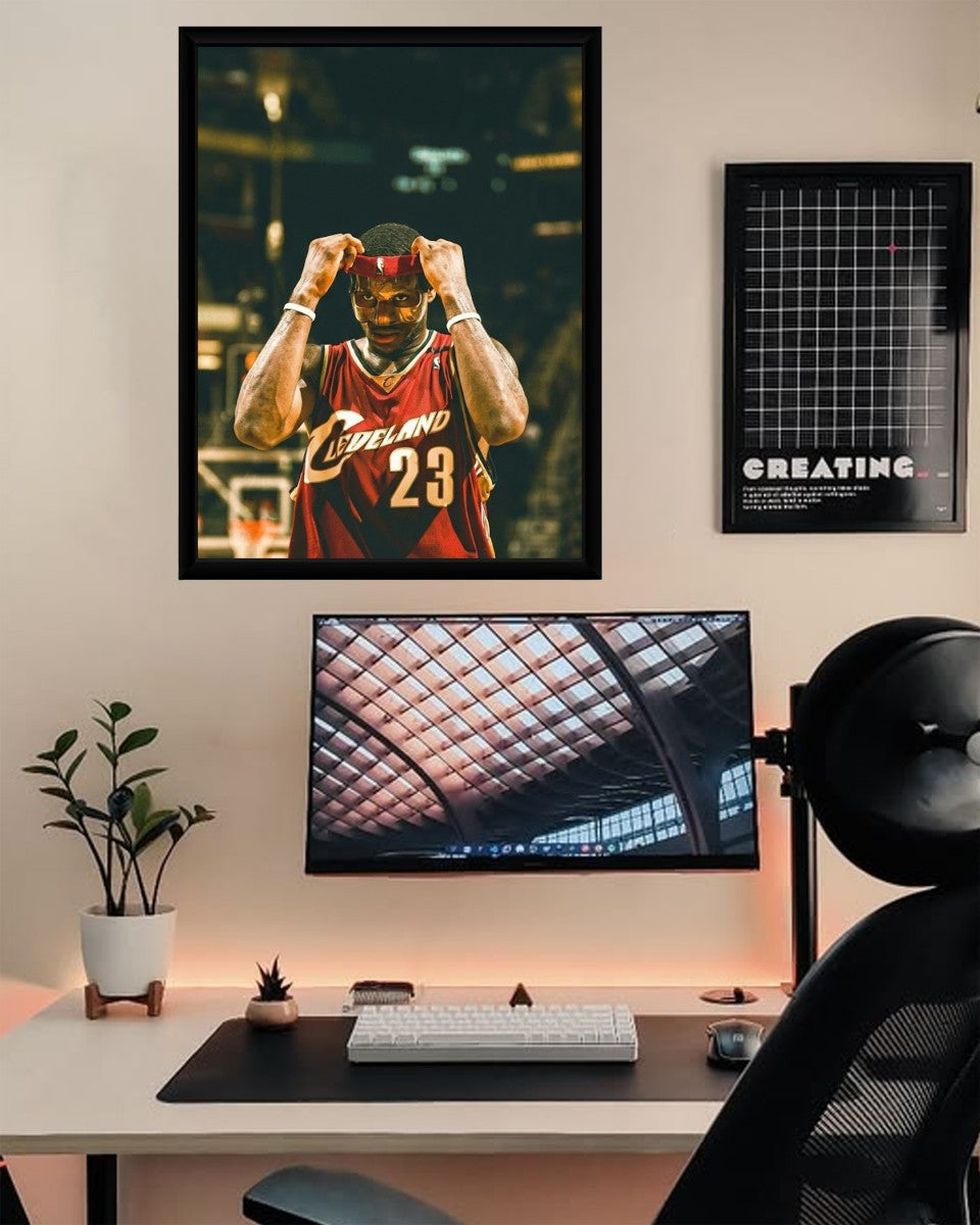 The LeBron James poster in a modern office workspace, adding a dynamic touch to the decor.