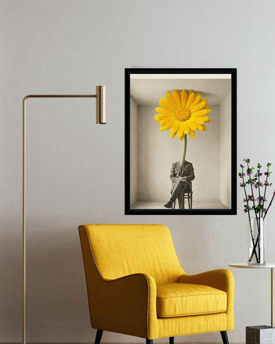 A vibrant poster of a man with a sunflower in a modern office setting.