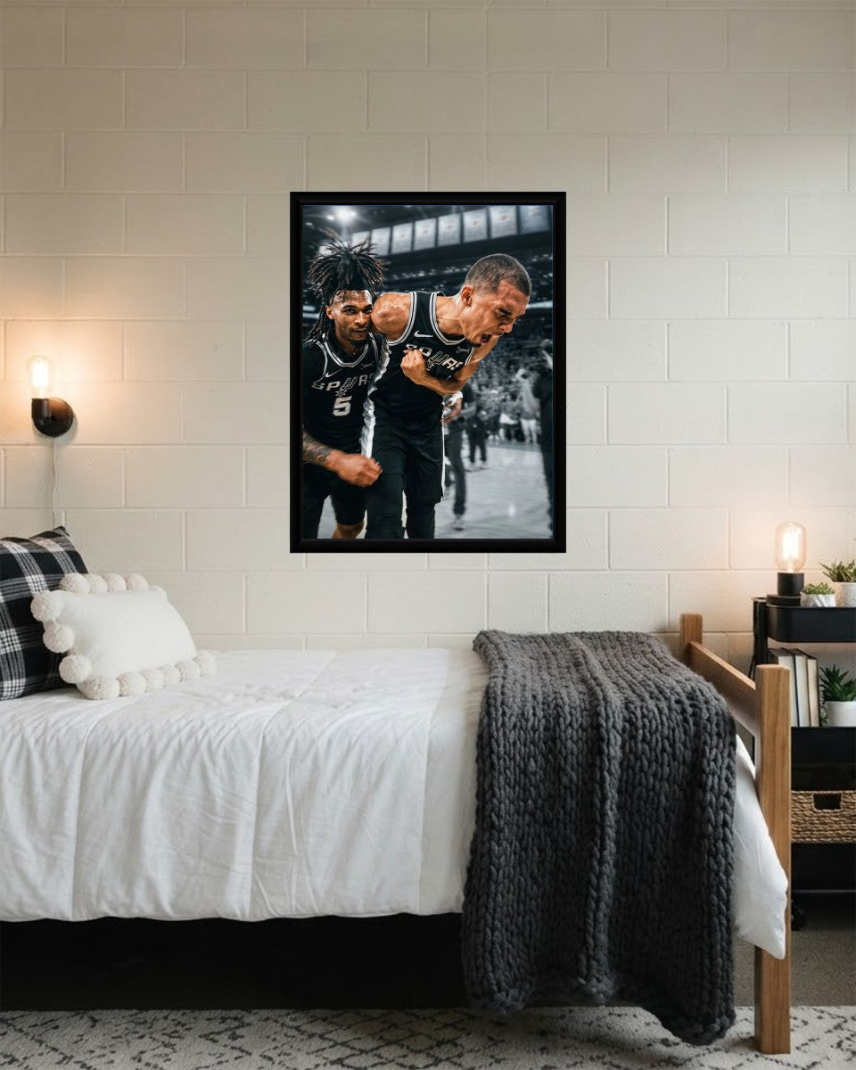 Wembanyama Celebrating with Spurs Poster displayed in a stylish living room setup.