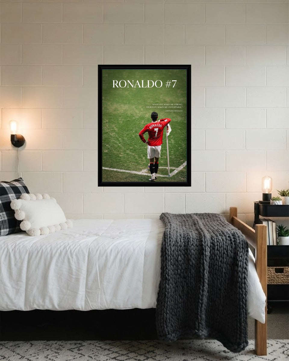 The Cristiano Ronaldo poster showcased in an elegant styled setting, adding enthusiasm to the decor.