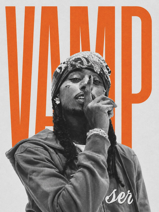 A visually striking poster featuring Playboi Carti in a monochrome portrait with bold orange 'VAMP' text.