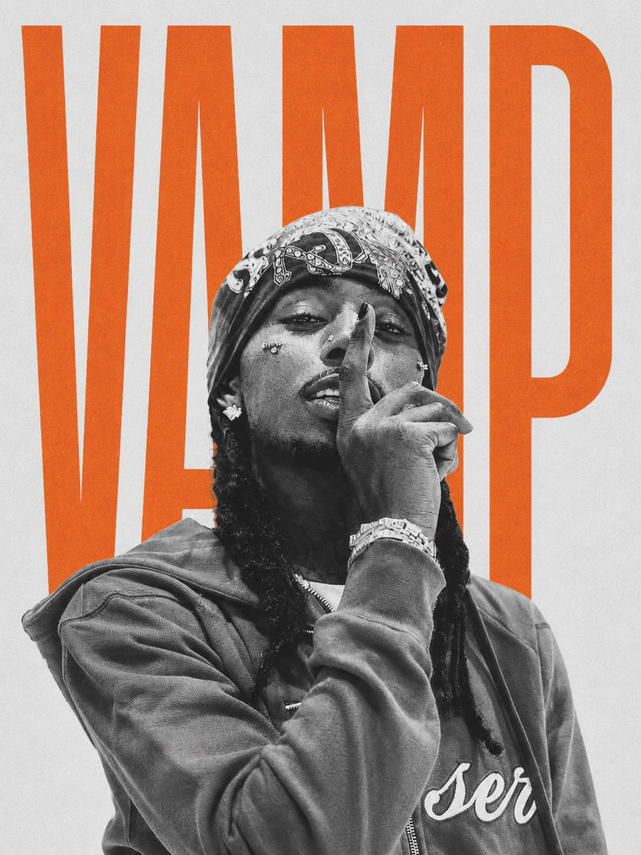 A visually striking poster featuring Playboi Carti in a monochrome portrait with bold orange 'VAMP' text.
