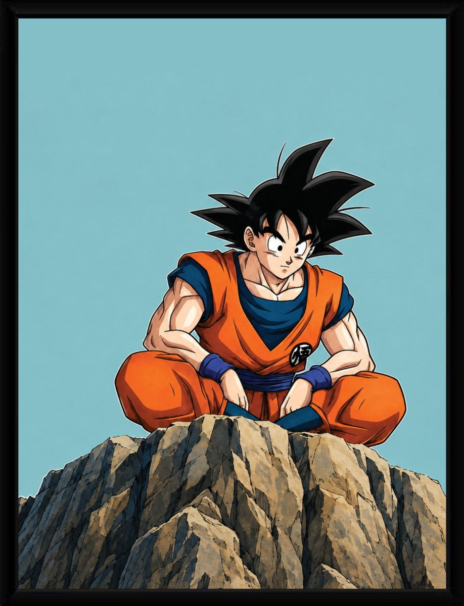 The Goku poster displayed in a sleek, modern black frame, highlighting its colorful design.
