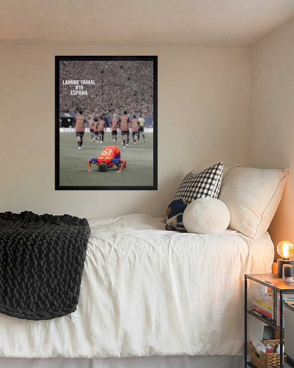 Lamine Yamal Spain poster styled in a modern interior, showcasing its colorful design and dynamic appeal.
