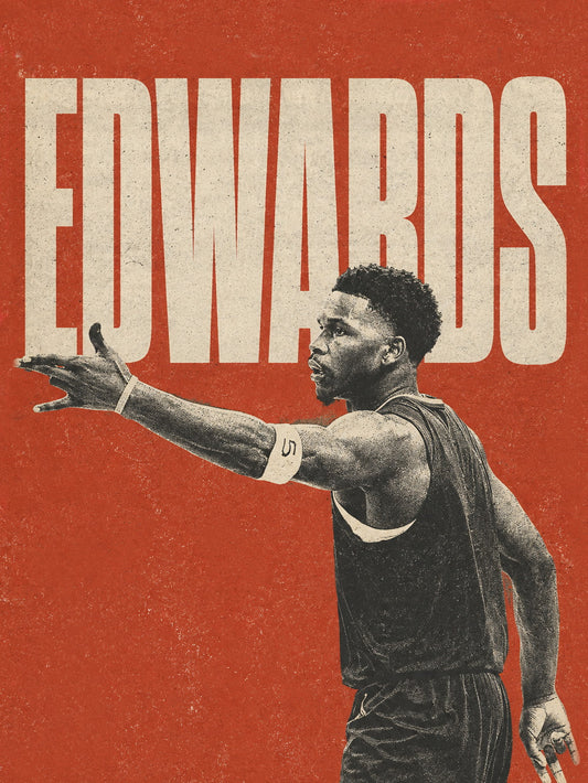 A vibrant poster featuring NBA star Anthony Edwards, showcasing his competitive spirit on the basketball court.