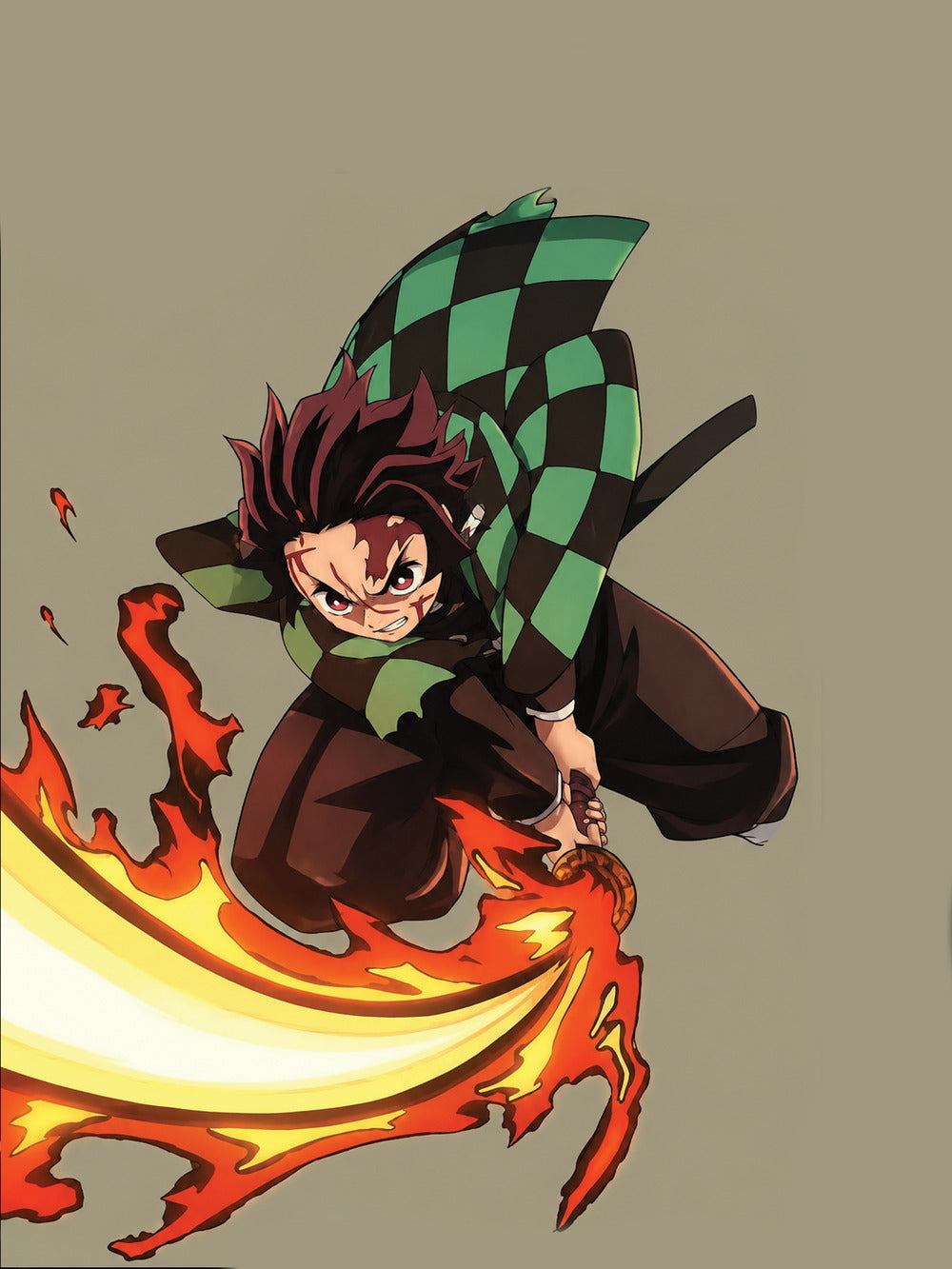 A colorful poster featuring Tanjiro Kamado mid-action from a popular anime series, showcasing his determination.