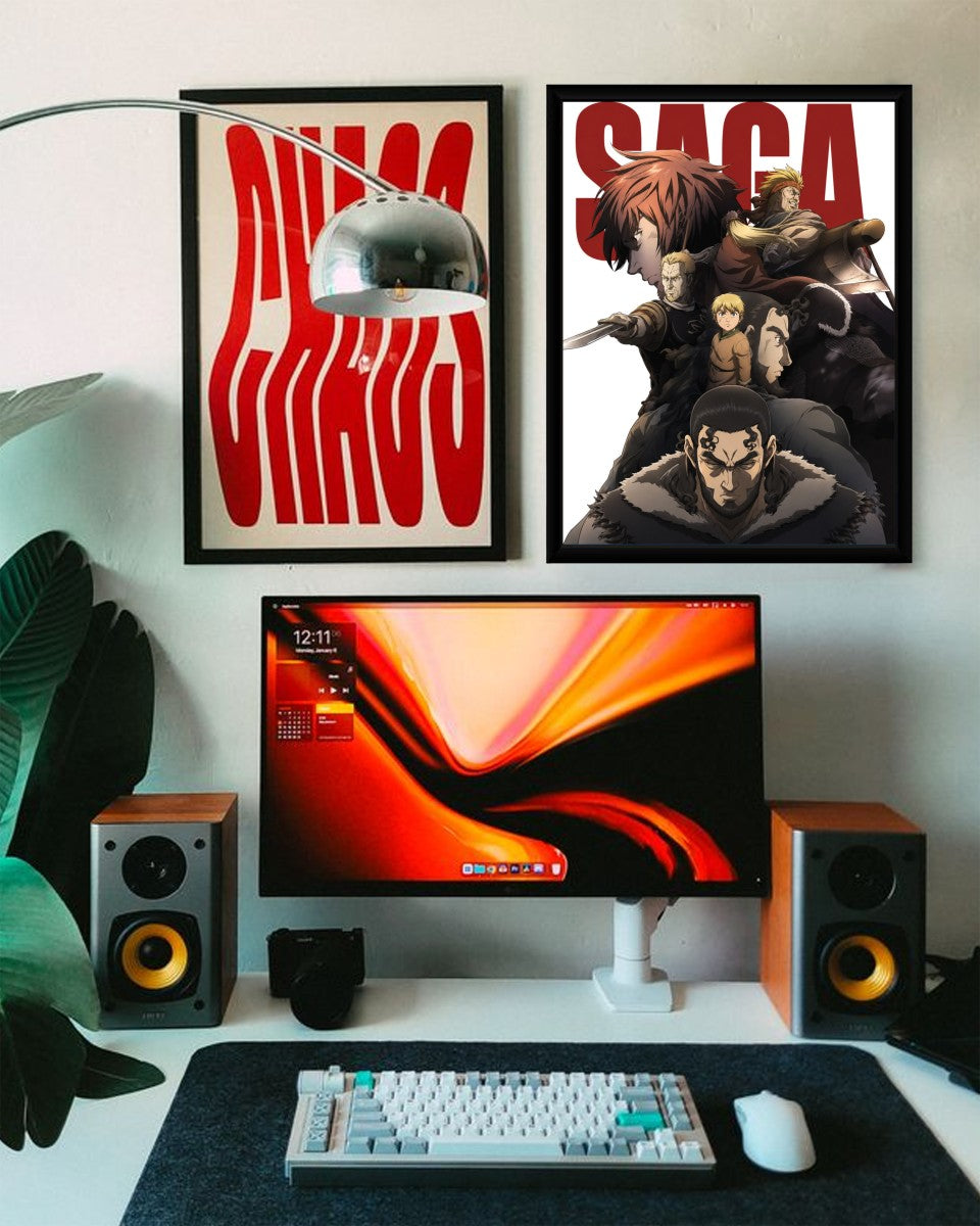 Vinland Saga poster featured on a wall in a cozy room, showcasing its dramatic composition.