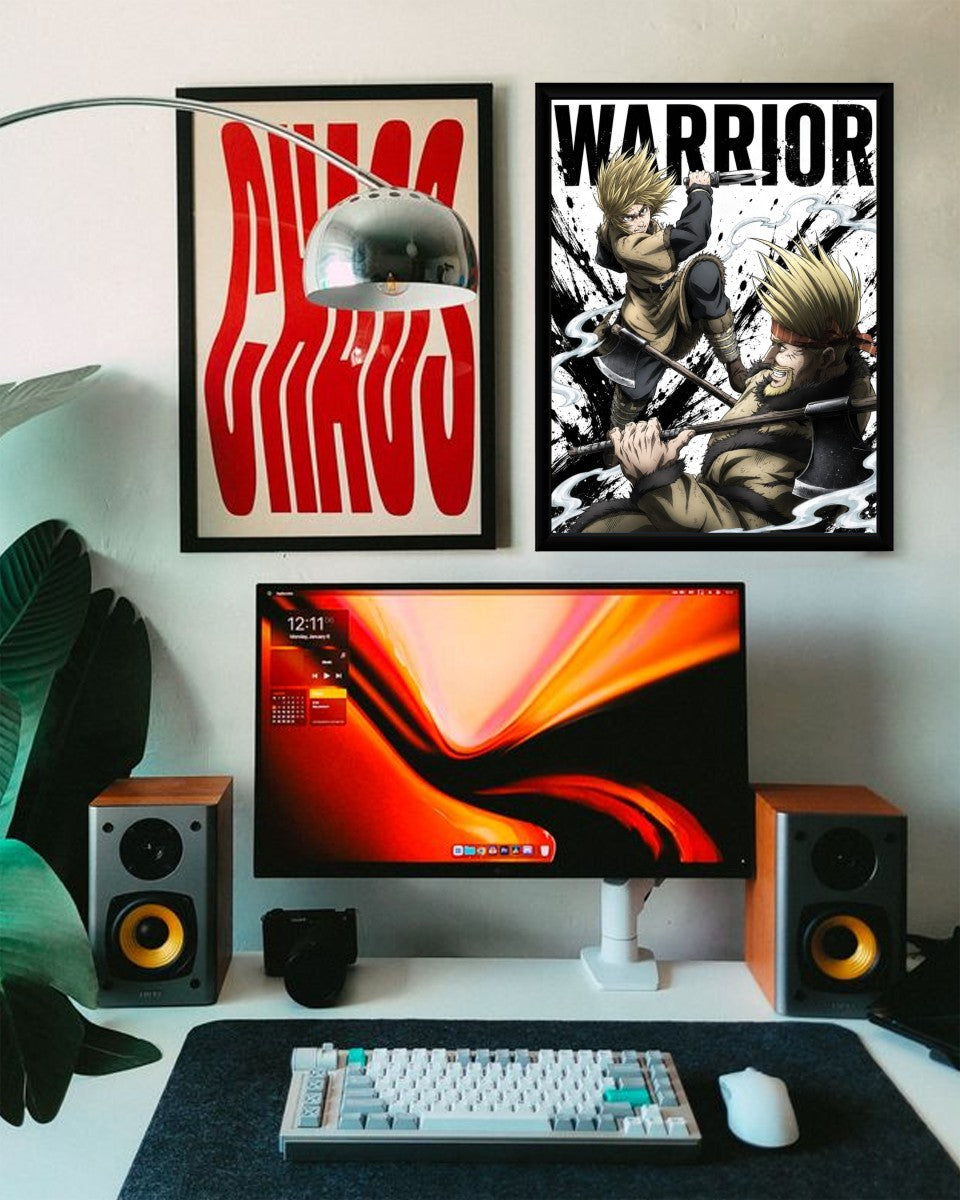 The Thorkell vs Thors poster in a creative environment, emphasizing its action-packed illustration and colorful design.