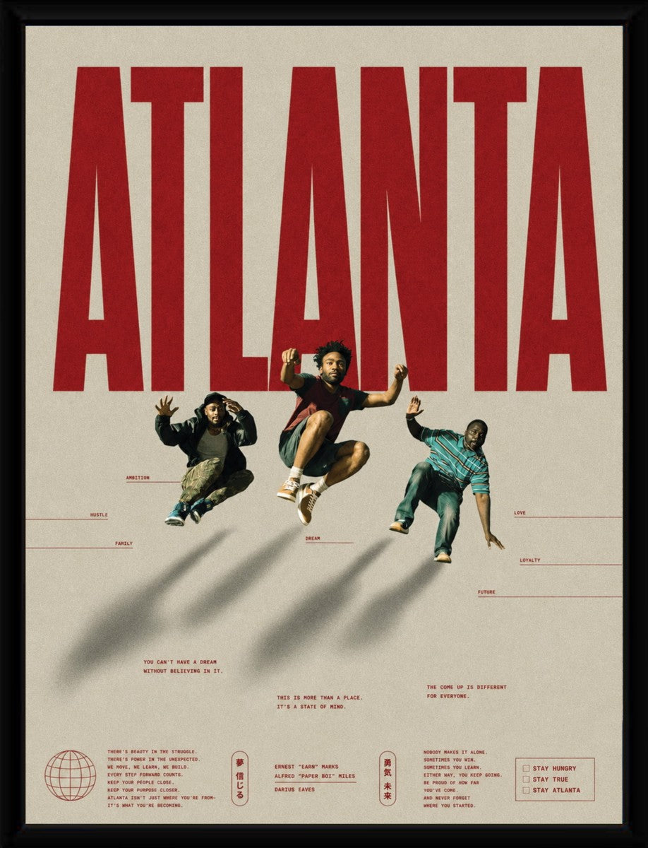 The Atlanta poster displayed in a sleek, modern frame emphasizing its colorful elements and striking typography.