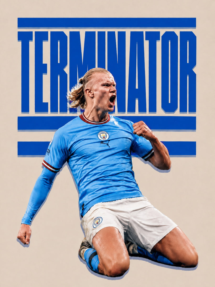 Erling Haaland in action with the text 'TERMINATOR' in a colorful, dynamic design.