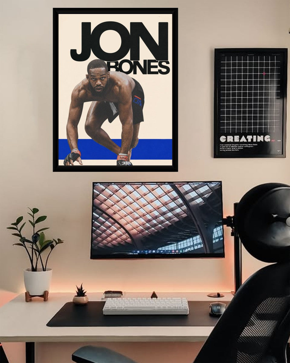 Vibrant Jon Jones poster in a well-lit, contemporary setting.