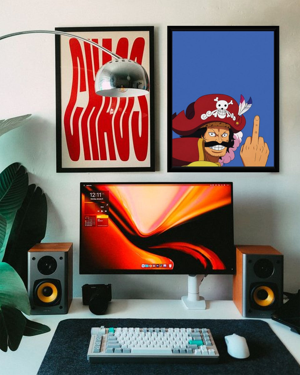 Gold D. Roger poster displayed in an office, adding a dynamic and adventurous touch to the workspace.