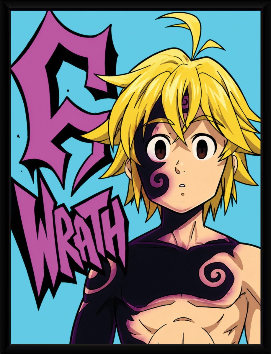Meliodas Wrath Poster displayed in a sleek, modern frame, showcasing the artwork's vibrant colors.