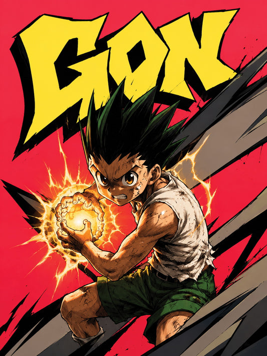 A vibrant poster featuring Gon, an anime warrior, depicted in action with intense colors.