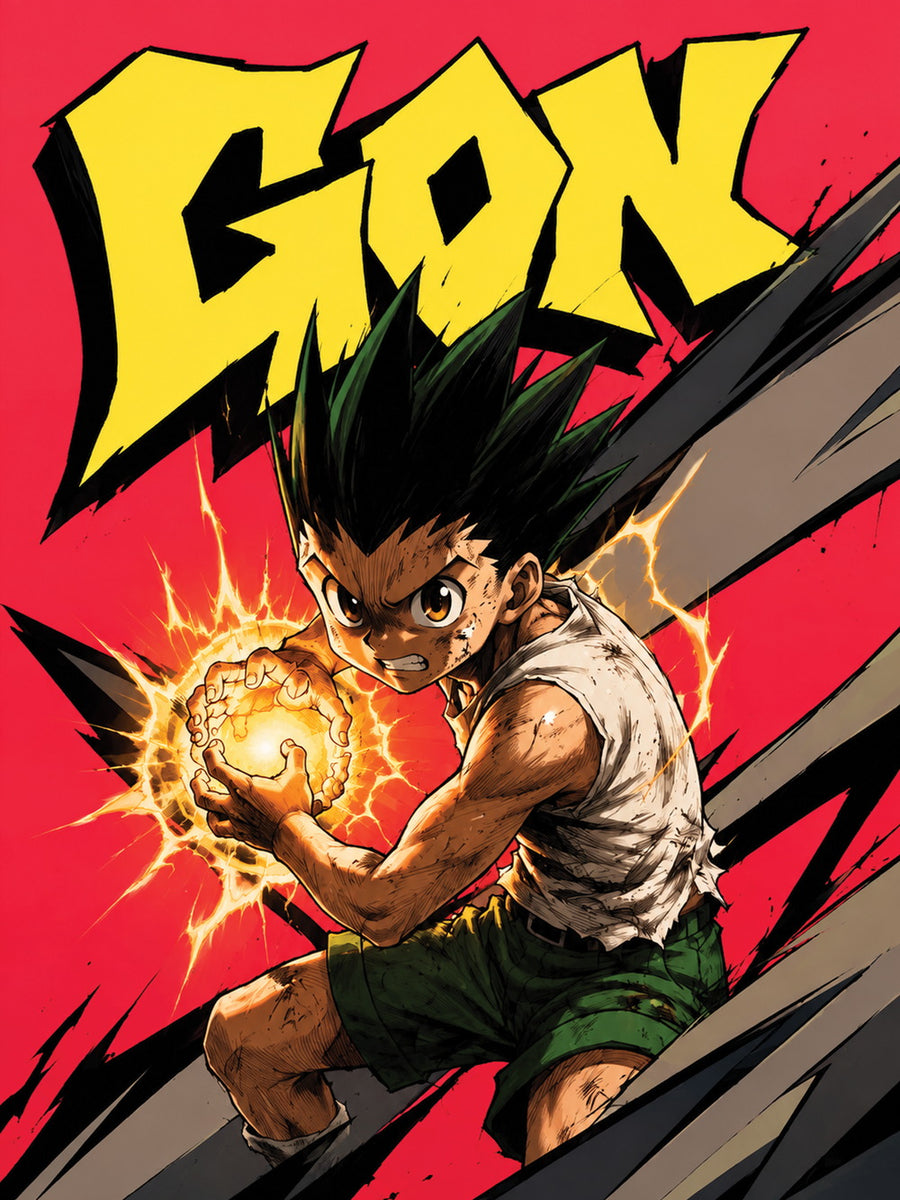 A vibrant poster featuring Gon, an anime warrior, depicted in action with intense colors.