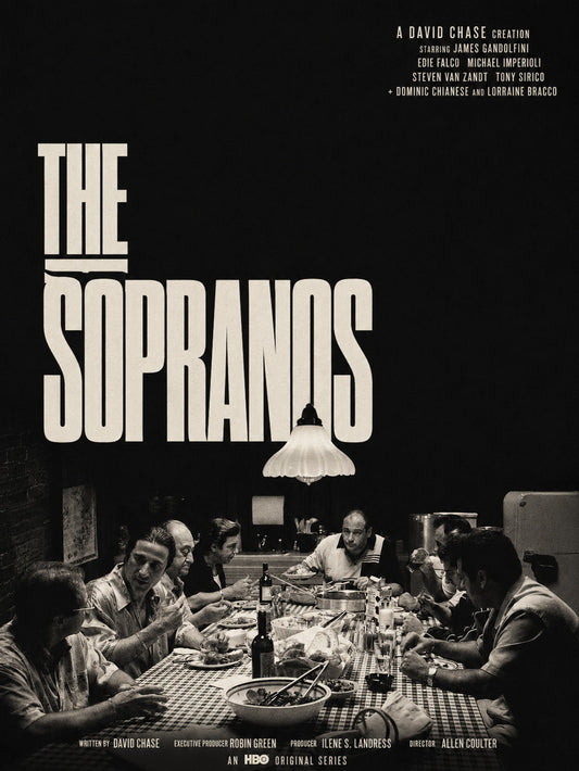 A monochromatic poster featuring a pivotal scene from 'The Sopranos,' showcasing characters at a dinner table.
