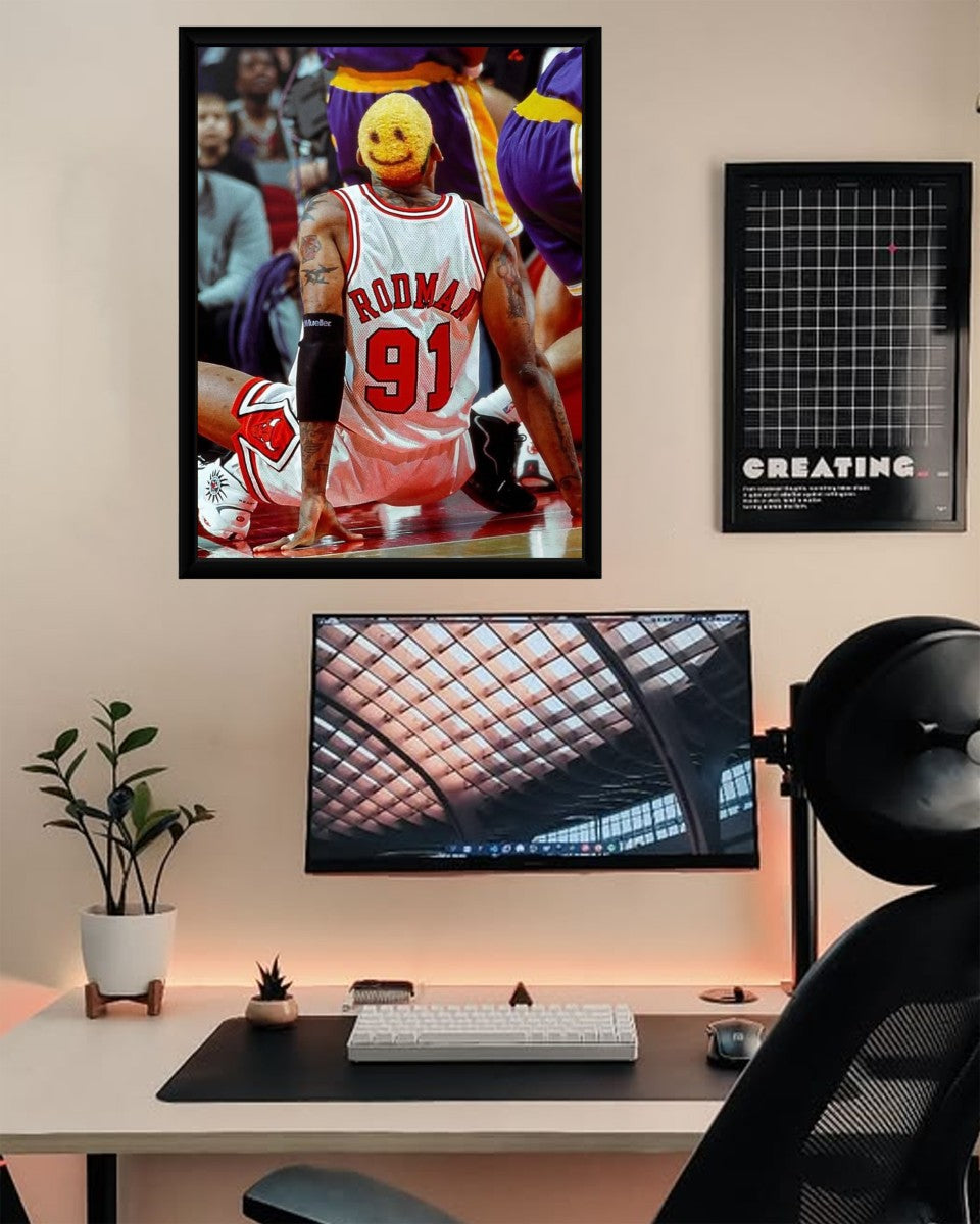 Colorful Dennis Rodman poster featured in a contemporary office space.