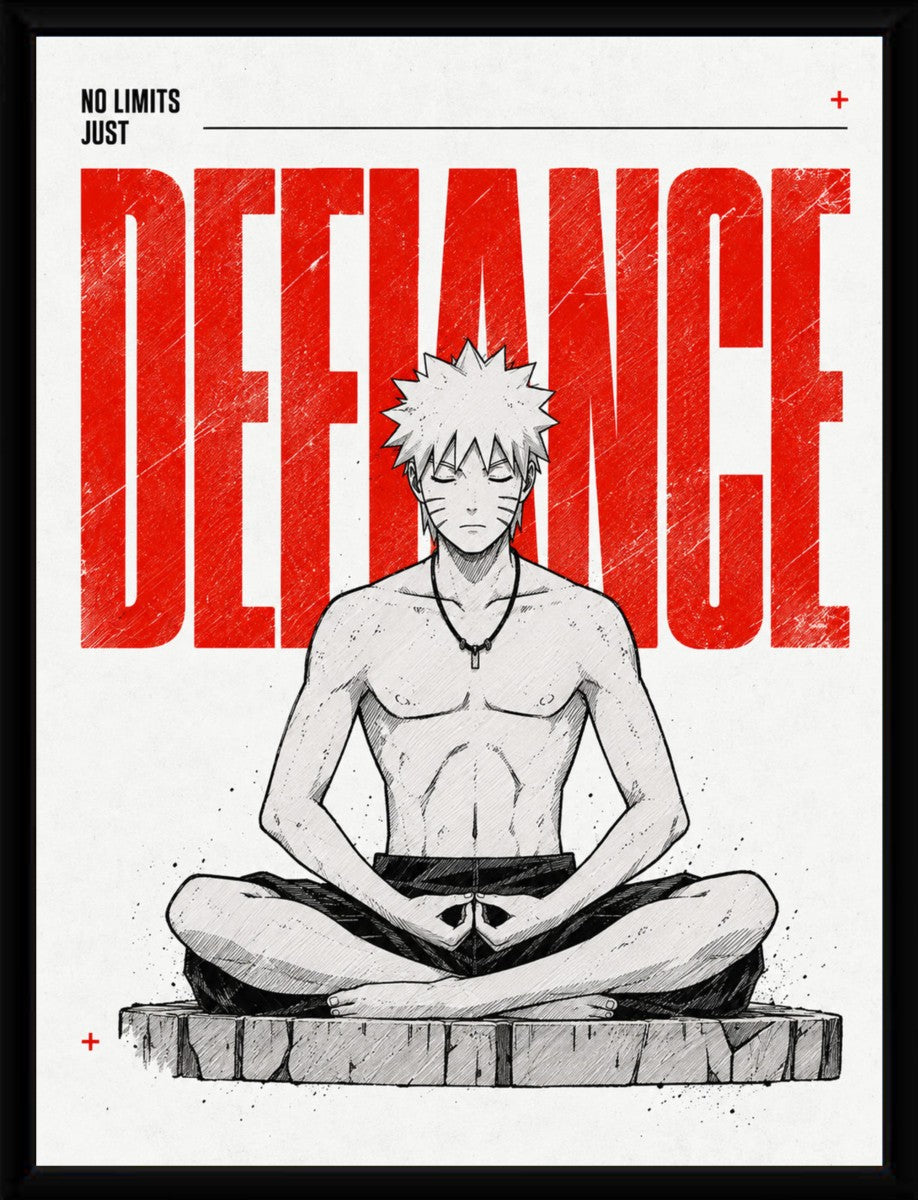 Framed Naruto Defiance Poster featuring a meditative Naruto with striking red text.