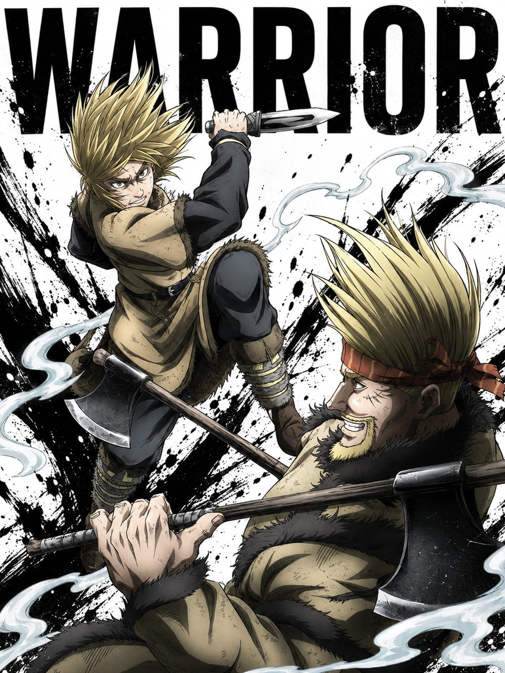 A colorful poster depicting the intense confrontation between Thorkell and Thors, showcasing their fierce expressions and