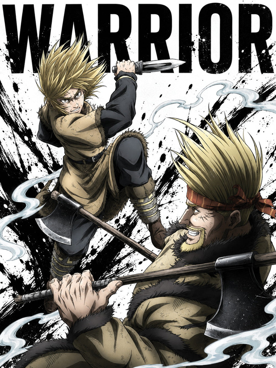 A colorful poster depicting the intense confrontation between Thorkell and Thors, showcasing their fierce expressions and