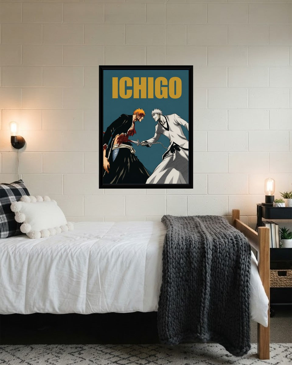 The Ichigo Kurosaki poster displayed in a stylish mockup setting, showcasing its vibrant design.