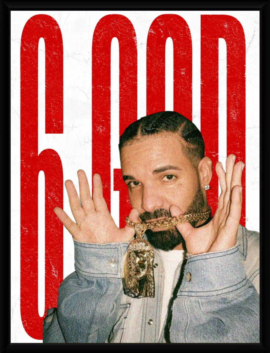 The '6 GOD' poster elegantly displayed in a sleek black frame, enhancing its colorful design.