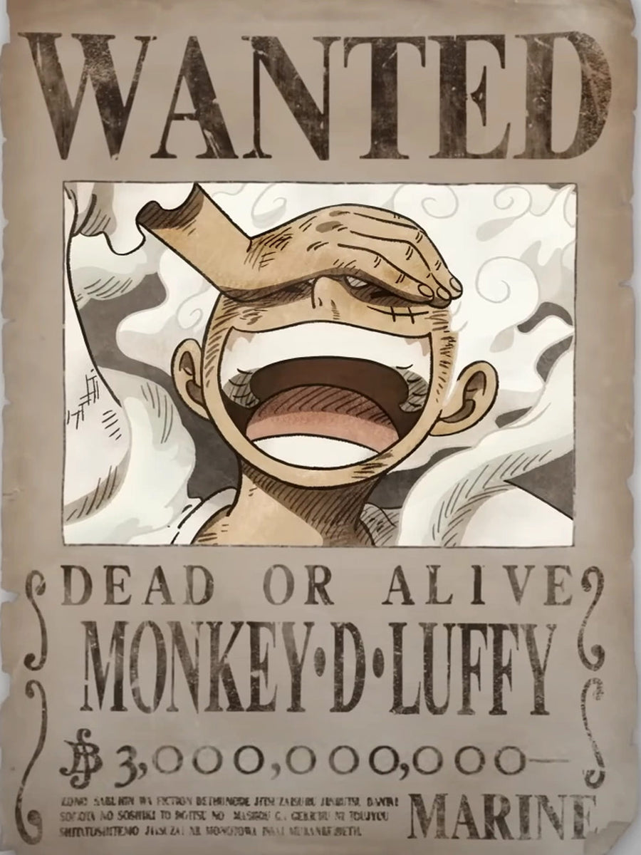 A colorful poster of Monkey D. Luffy showcasing his wanted status with bold text and vivid imagery.