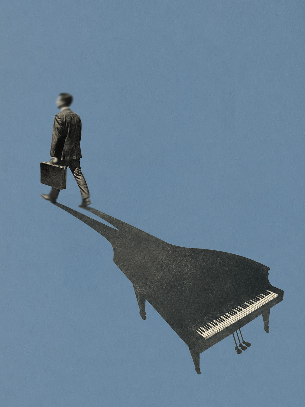 Minimalist poster featuring a silhouette of a piano and a man walking away against a calming blue background.