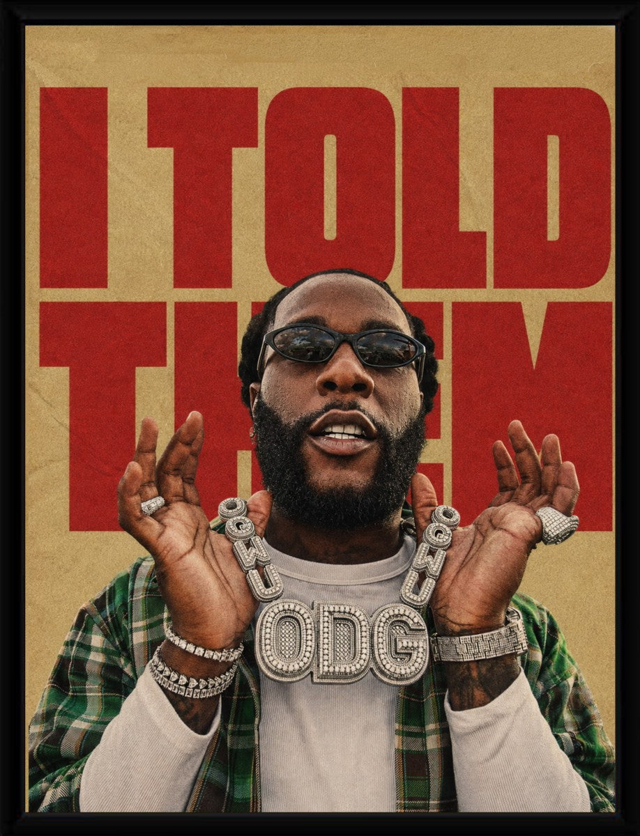 Framed Burna Boy poster showcasing bold colors and artistic design.