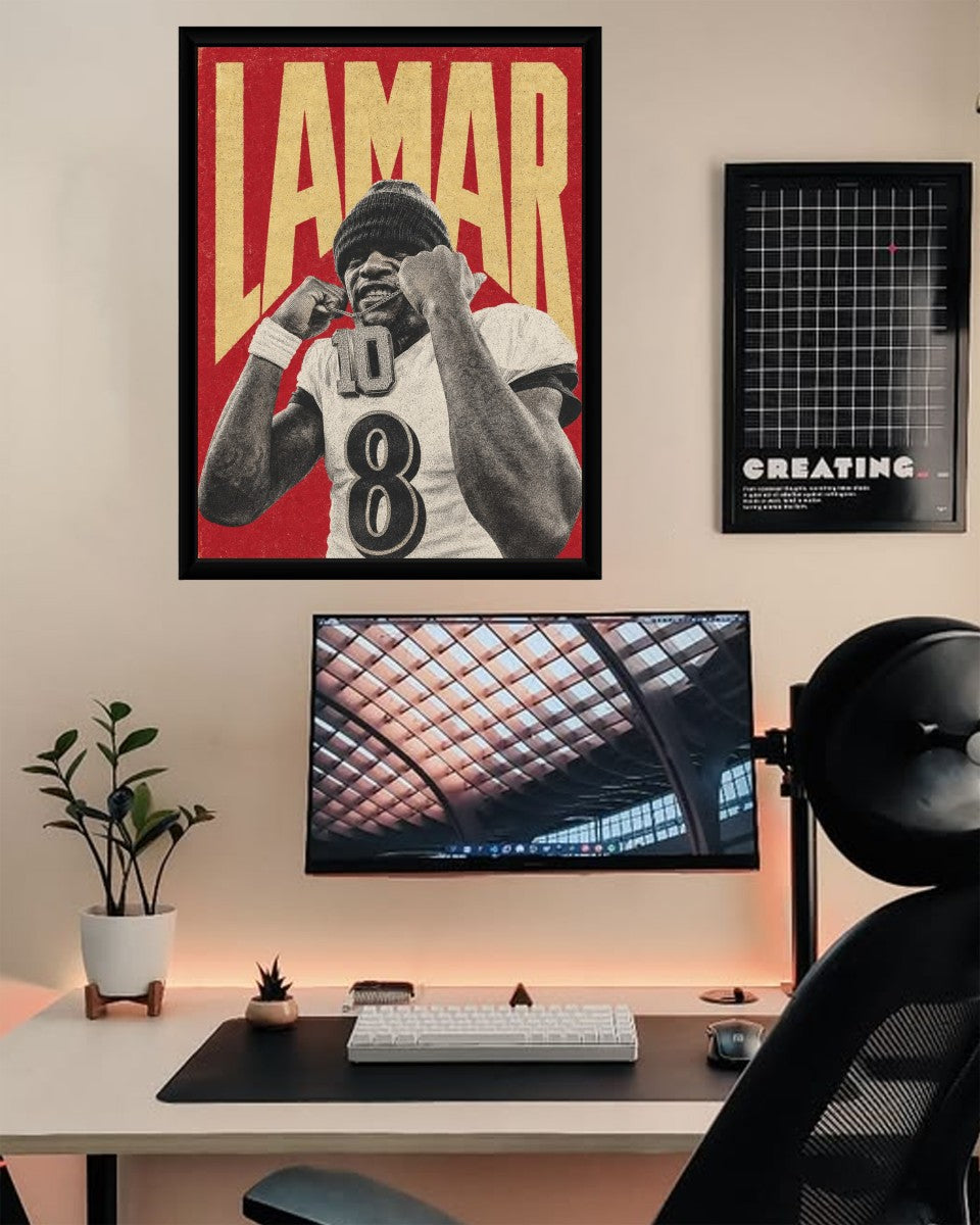 Lamar Jackson poster presented in a modern environment, enhancing the sports-themed atmosphere.