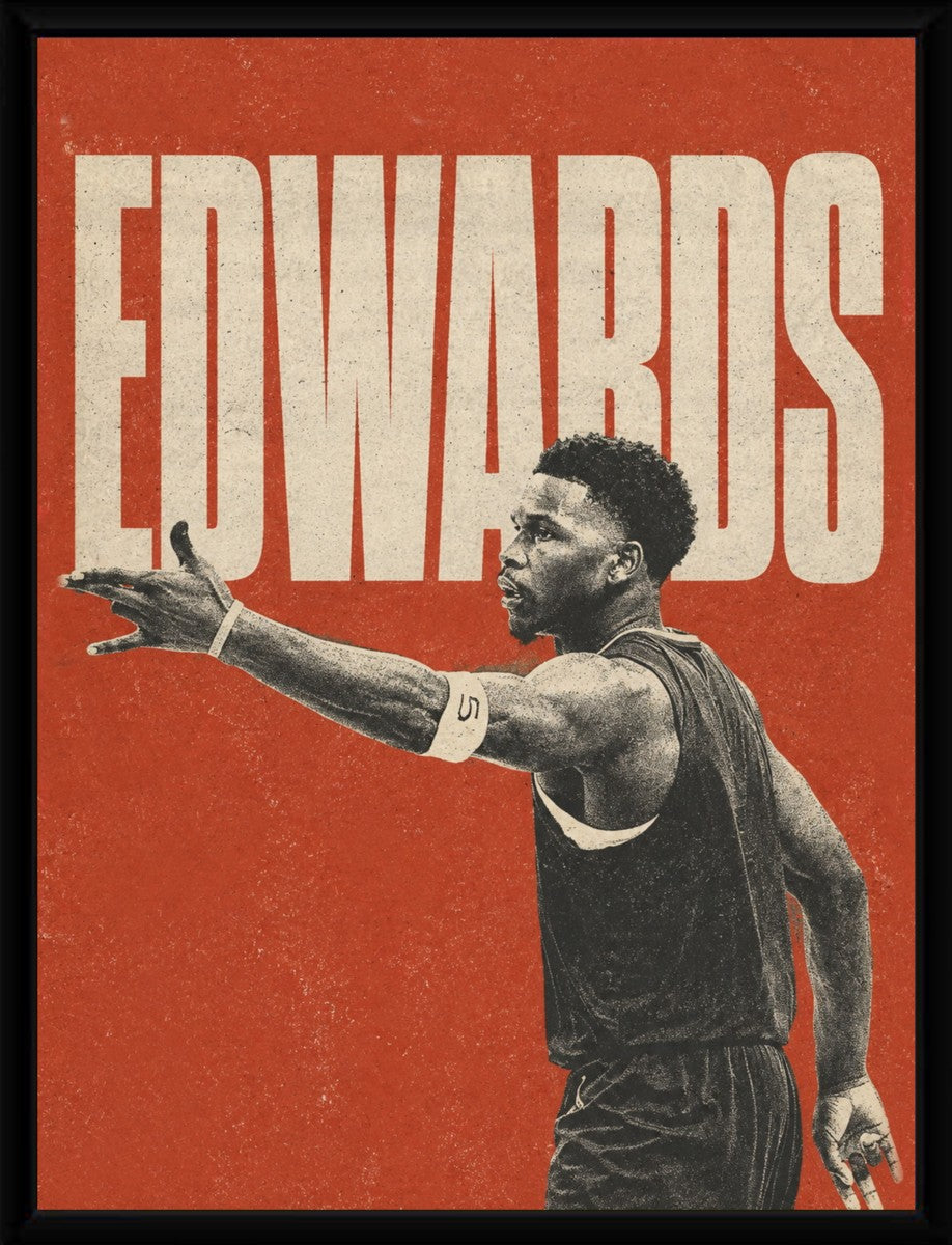 Anthony Edwards poster displayed in a sleek black frame, enhancing its colorful design.