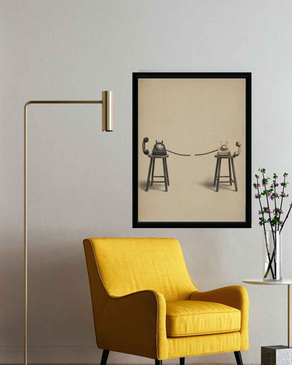 The Disconnected Telephones Poster displayed in a stylish office setting.