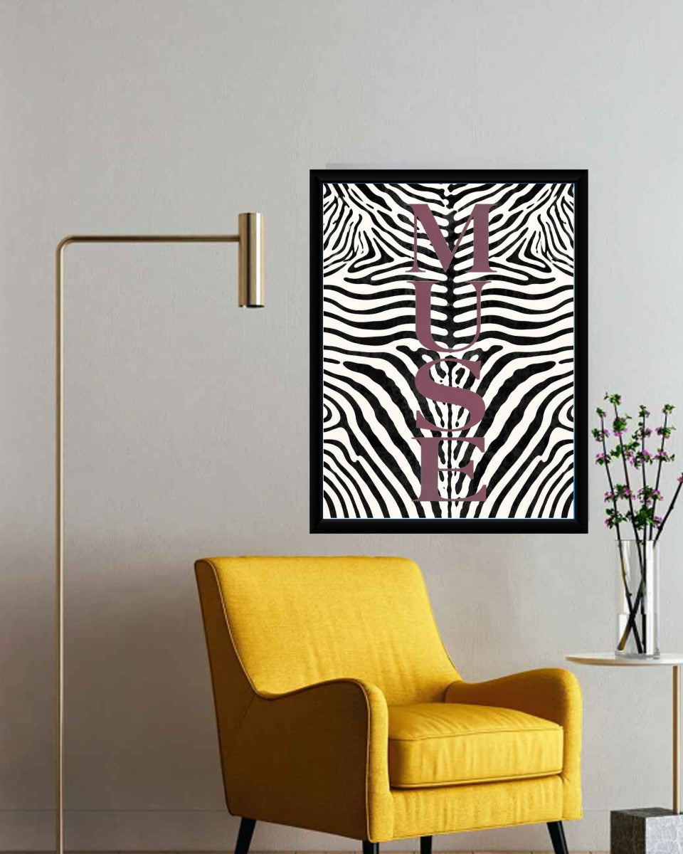 The MUSE poster styled in a modern workspace, highlighting its bold design.