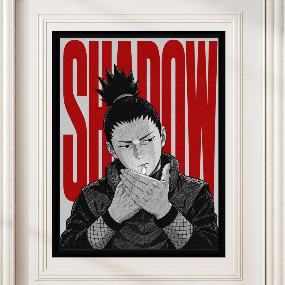 Shikamaru Nara poster displayed in a modern workspace, adding vibrant color and character to the room.