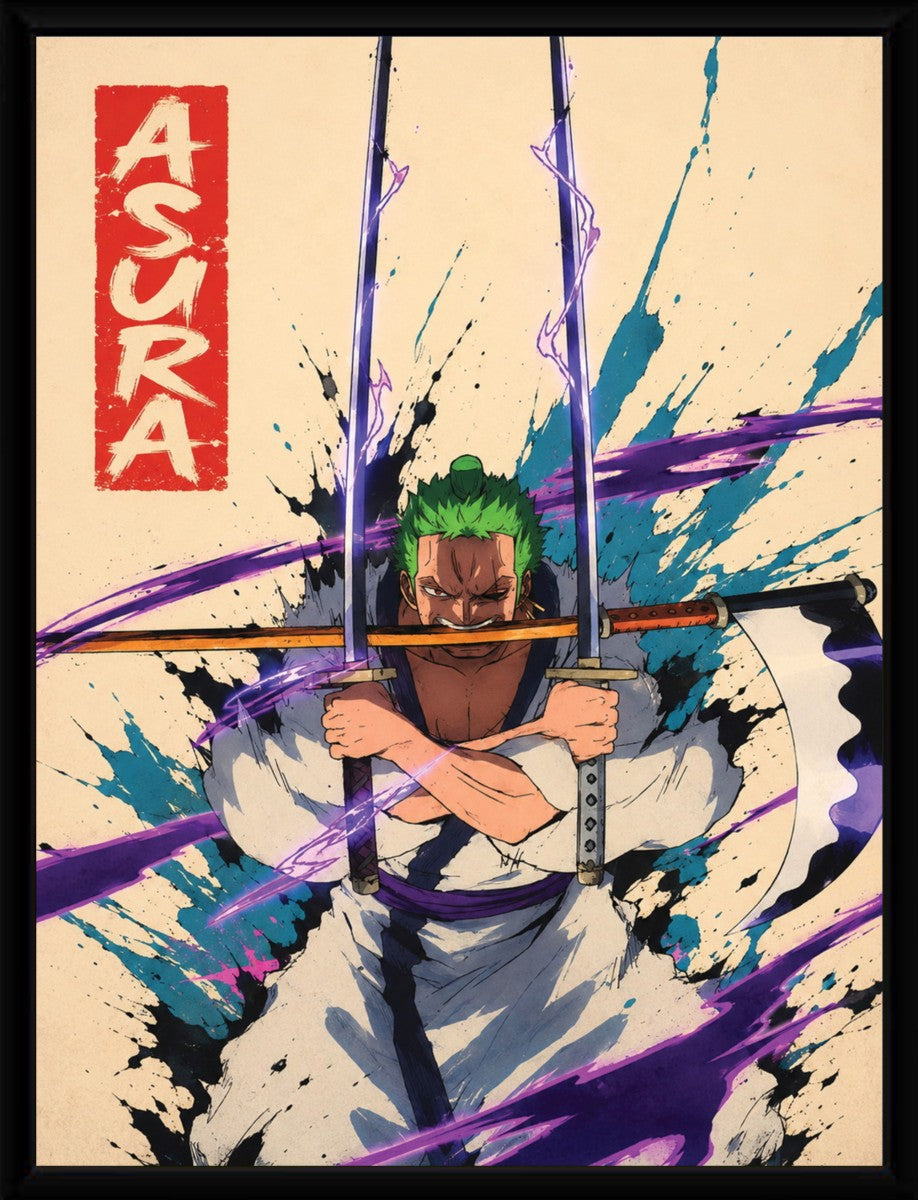 Roronoa Zoro Asura poster elegantly displayed in a sleek black frame.