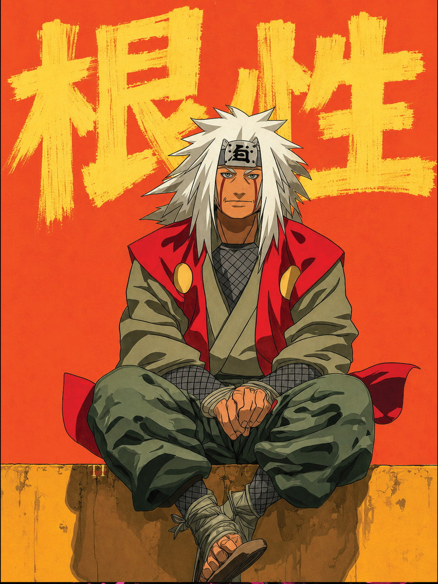 A colorful poster featuring Jiraiya, with the quote '根性' set against an orange background.