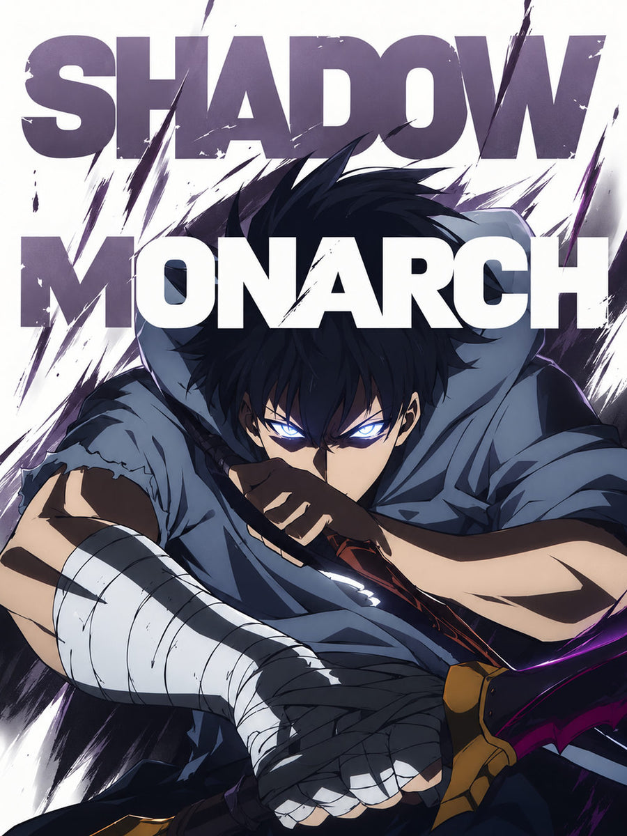 A colorful poster showcasing Sun Jinwoo in an intense pose with the text 'SHADOW MONARCH'.