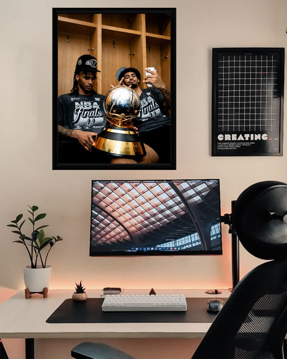 The vibrant poster displayed in a stylish office setting, emphasizing the celebration of the NBA Finals.