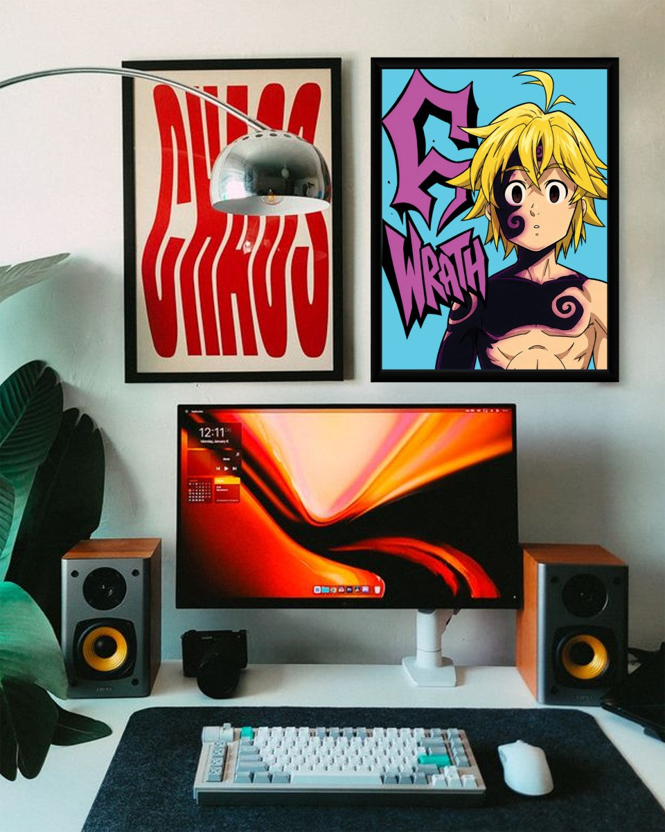Meliodas Wrath Poster featured in a stylish environment, enhancing the appeal of anime wall art.