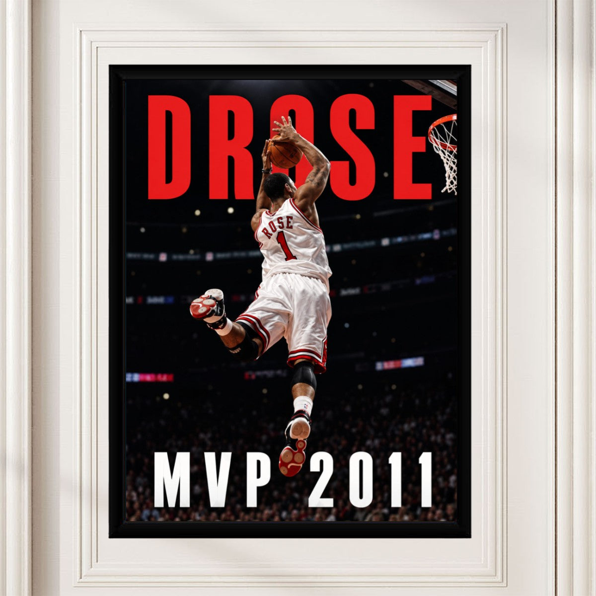 Derrick Rose MVP poster featured in a stylish living room setting.