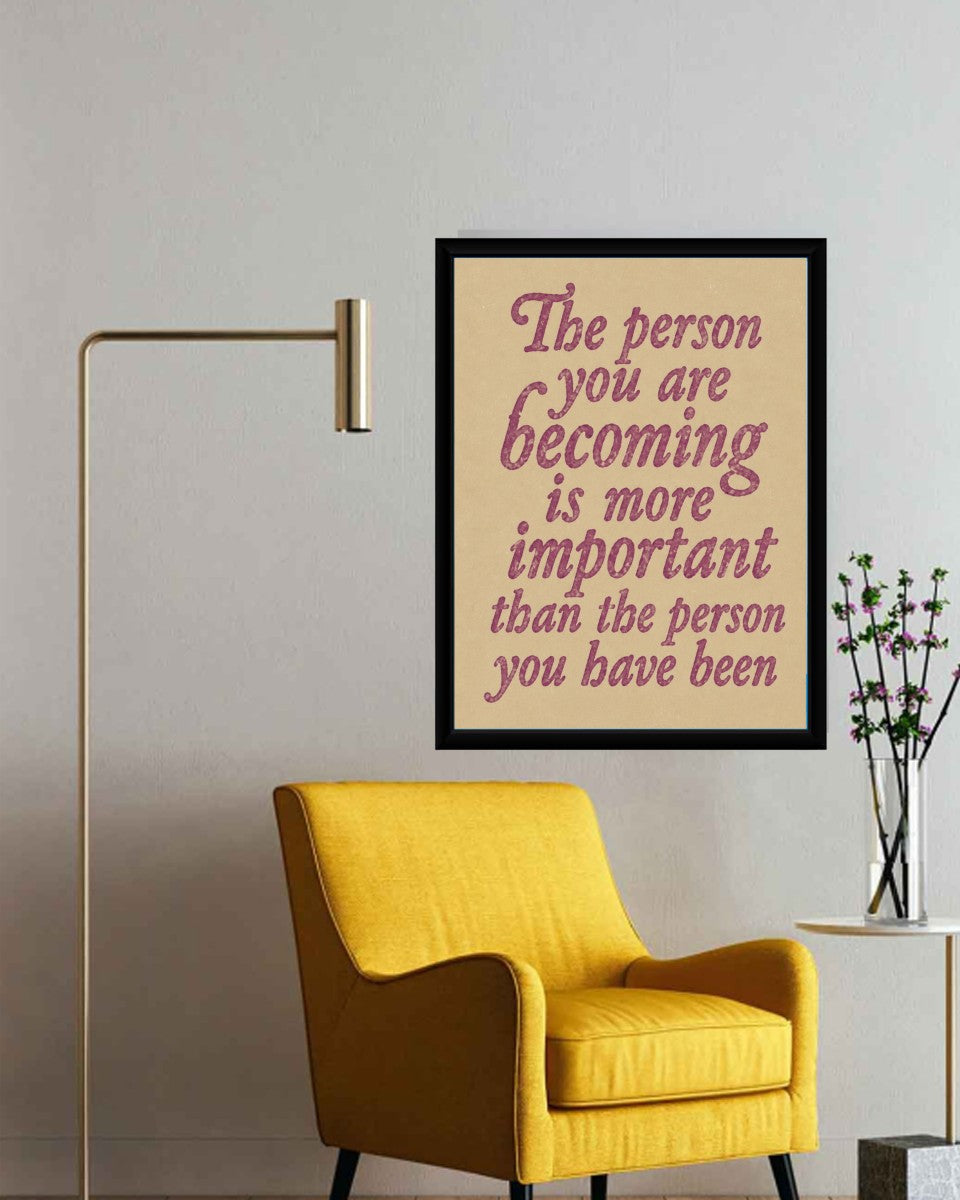The 'Becoming Important' poster displayed in a bright office setting, inspiring productivity and personal growth.