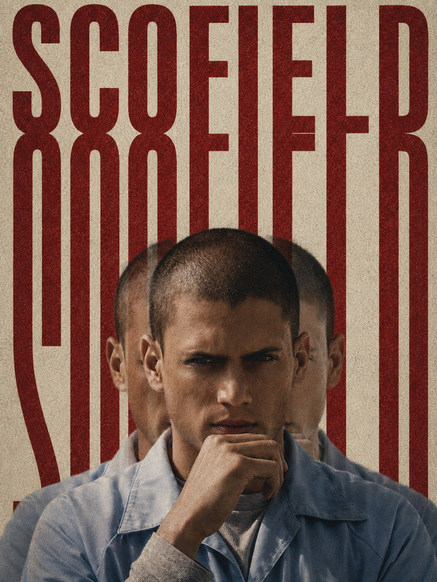 A poster featuring Michael Scofield with a contemplative expression and a bold background.