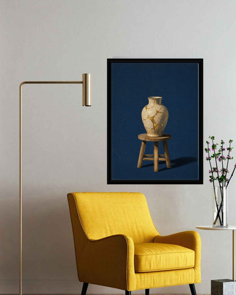 The Cracked Vase Poster styled in a modern office setting, complementing the workspace decor.