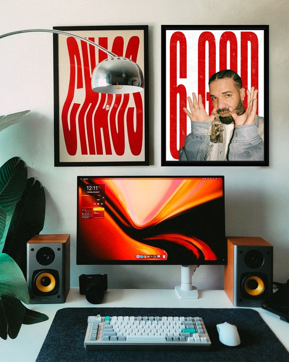 The '6 GOD' poster framed and hung in a stylish living room setting, showcasing its vibrant colors.