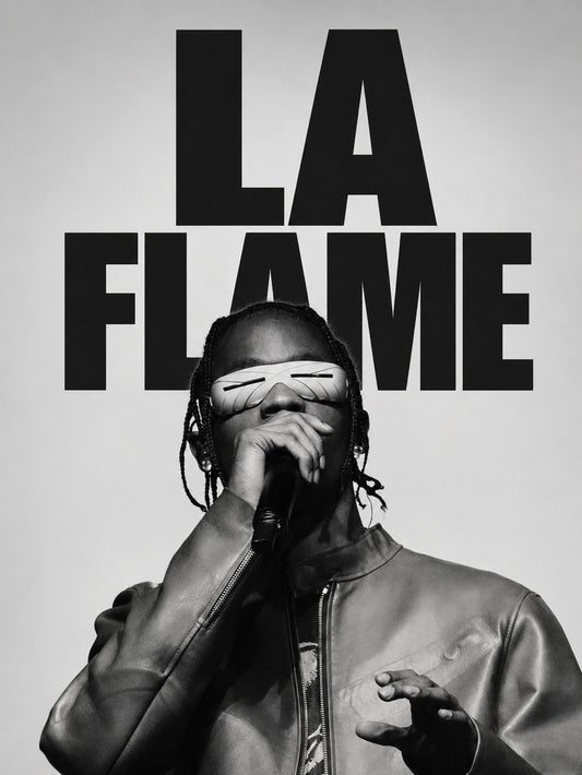 Black and white poster of Travis Scott featuring bold 'LA FLAME' text.