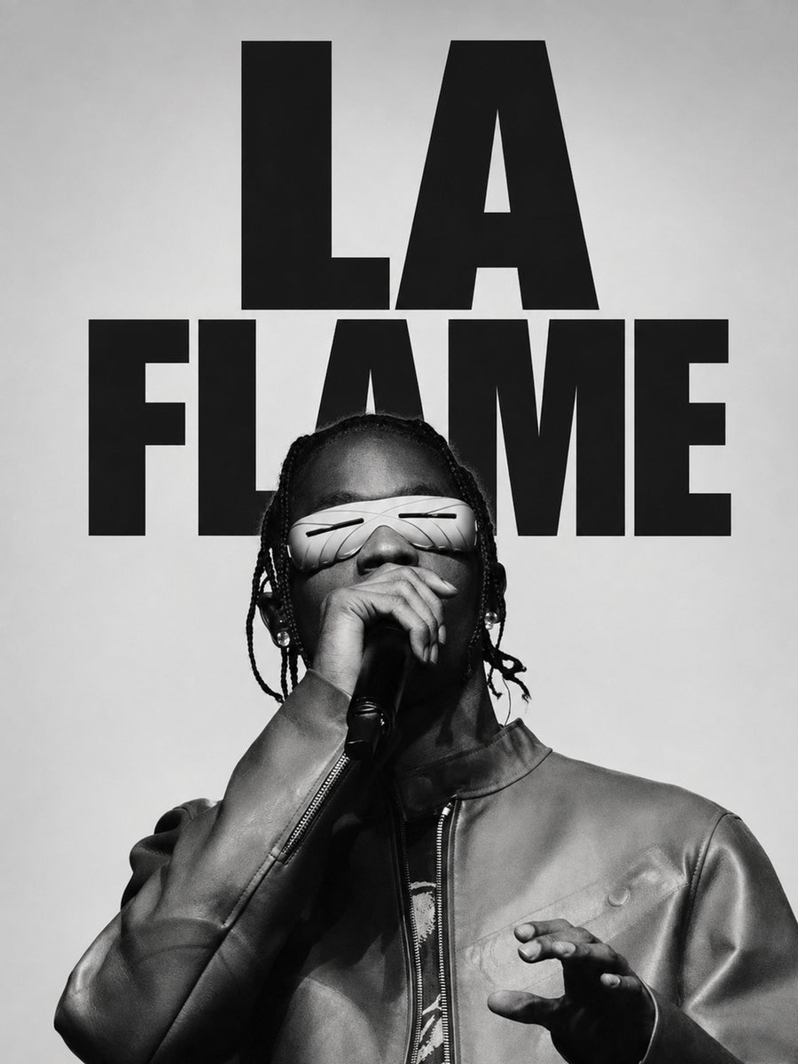 Black and white poster of Travis Scott featuring bold 'LA FLAME' text.