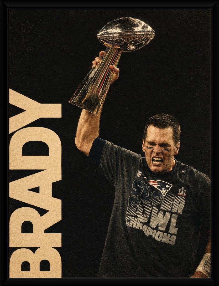 Framed poster of Tom Brady lifting the Super Bowl trophy, showcasing bold artwork.